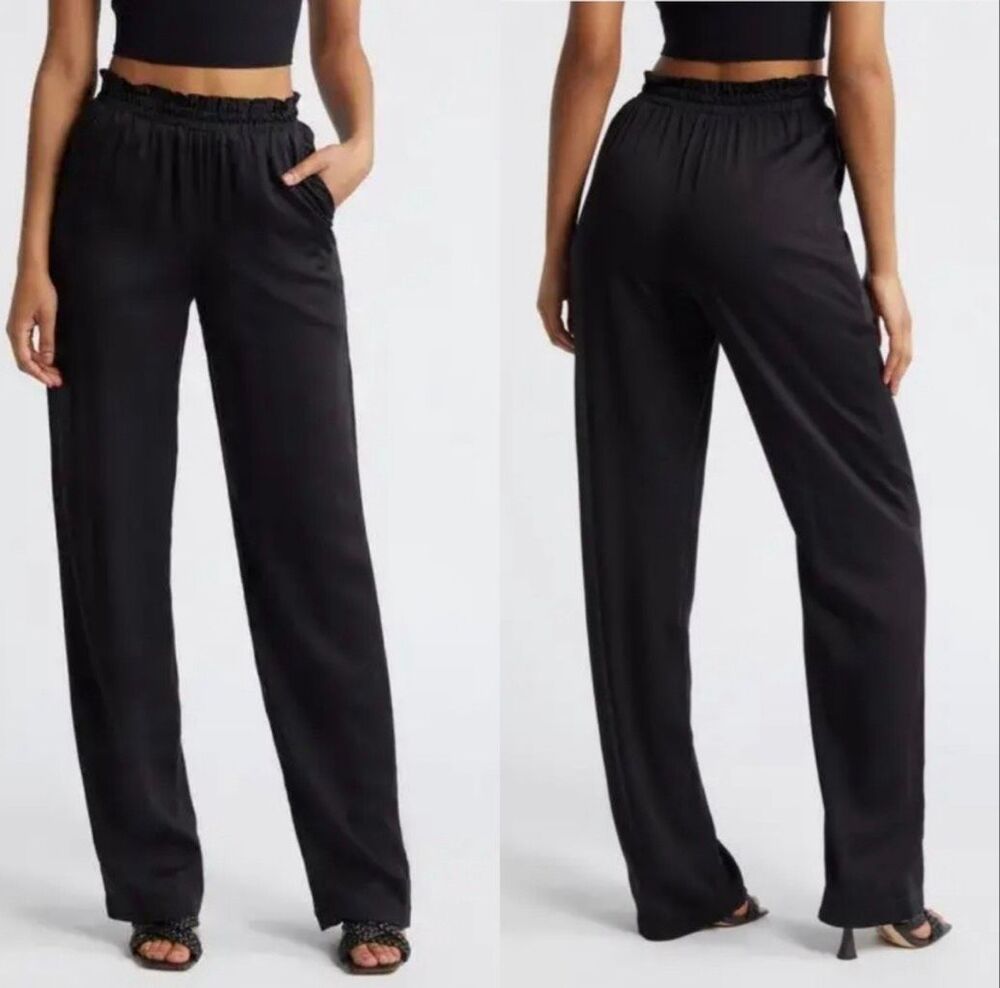 Diarrablu Leer Black High Rise Wide Leg Elastic Waist Pants Size L